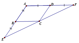 Cho hình bình hành ABCD. Vẽ E là điểm đối xứng của A qua B, F là điểm đối xứng của A qua D.  (ảnh 1)