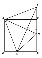 Cho hình vuông ABCD. Lấy điểm M tùy ý trên cạnh BC. Từ M, vẽ một đường thẳng cắt cạnh CD tại K sao cho: góc AMB = góc AMK. Chứng minh góc KAM = 45 độ (ảnh 1)