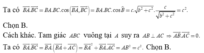 Cho tam giác ABC  vuông tại A và có AB = c, AC = b.  Tính vecto BA . vecto BC (ảnh 1)