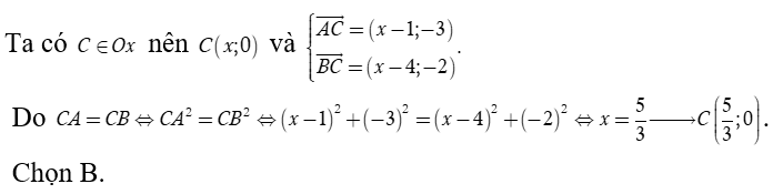 Trong mặt phẳng tọa độ Oxy  cho hai điểm A( 1,3) và B( 4,2).  Tìm tọa độ điểm C  thuộc trục hoành sao cho C  cách đều hai điểm A  và B (ảnh 1)