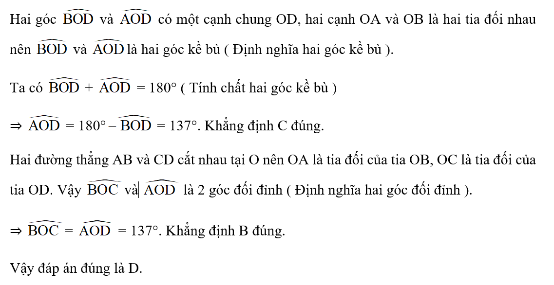 Cho hai đường thẳng AB và CD cắt nhau tại O sao cho góc BOD = 43 độ (ảnh 2)