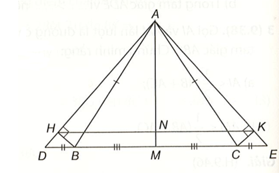 Từ B và C kẻ BH, CK theo thứ tự vuông góc với AD, AE. Chứng minh: BH = CK.  (ảnh 1)