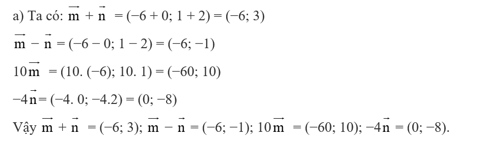 Cho hai vectơ  m = (−6; 1), vecto n  = (0; 2).  a) Tìm tọa độ các vectơ m+ n , vecto m-n , 10 vecto m , −4 vecto n (ảnh 1)