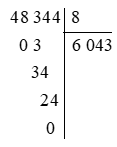 Thương của 48 344 và 8 là: A. 6 403 B. 643 C. 6 034 D. 6 043 (ảnh 1)