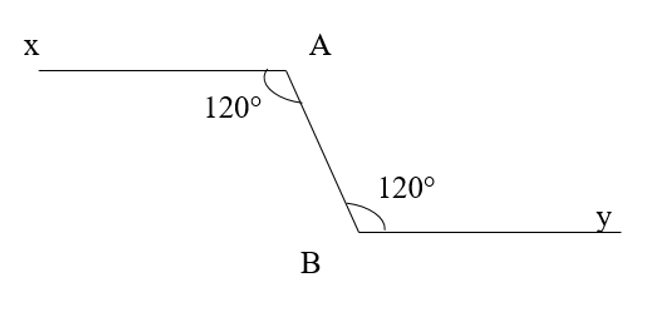 Cho góc xAB và  góc yBA là hai góc so le trong và có số đo góc đều bằng 120o (ảnh 1)
