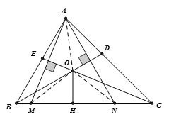 Cho tam giác ABC có các đường phân giác BD, CE cắt nhau ở O Chứng minh rằng: a) M đối xứng với A qua CE, N đối xứng với A qua BD; (ảnh 1)