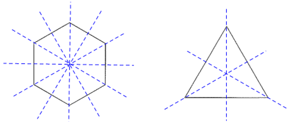 Hãy vẽ sáu trục đối xứng của lục giác đều và ba trục đối xứng của tam giác đều (ảnh 1)