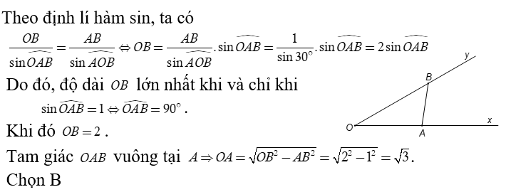 Cho góc xOy = 30 độ . Gọi A và B là hai điểm di động lần lượt trên Ox và Oy  sao cho AB = 1 (ảnh 1)