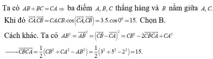 Cho tam giác ABC  có AB = 2 cm, BC = 3 cm, CA = 5 cm.  Tính vecto CA . vecto CB (ảnh 1)