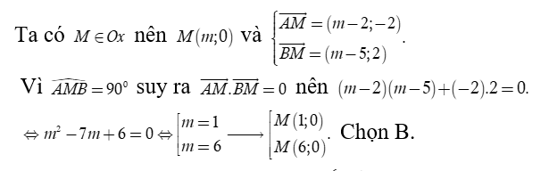 Trong mặt phẳng tọa độ Oxy  cho hai điểm A( 2,2), B( 5, -2).  Tìm điểm M  thuộc trục hoàng sao cho (ảnh 1)