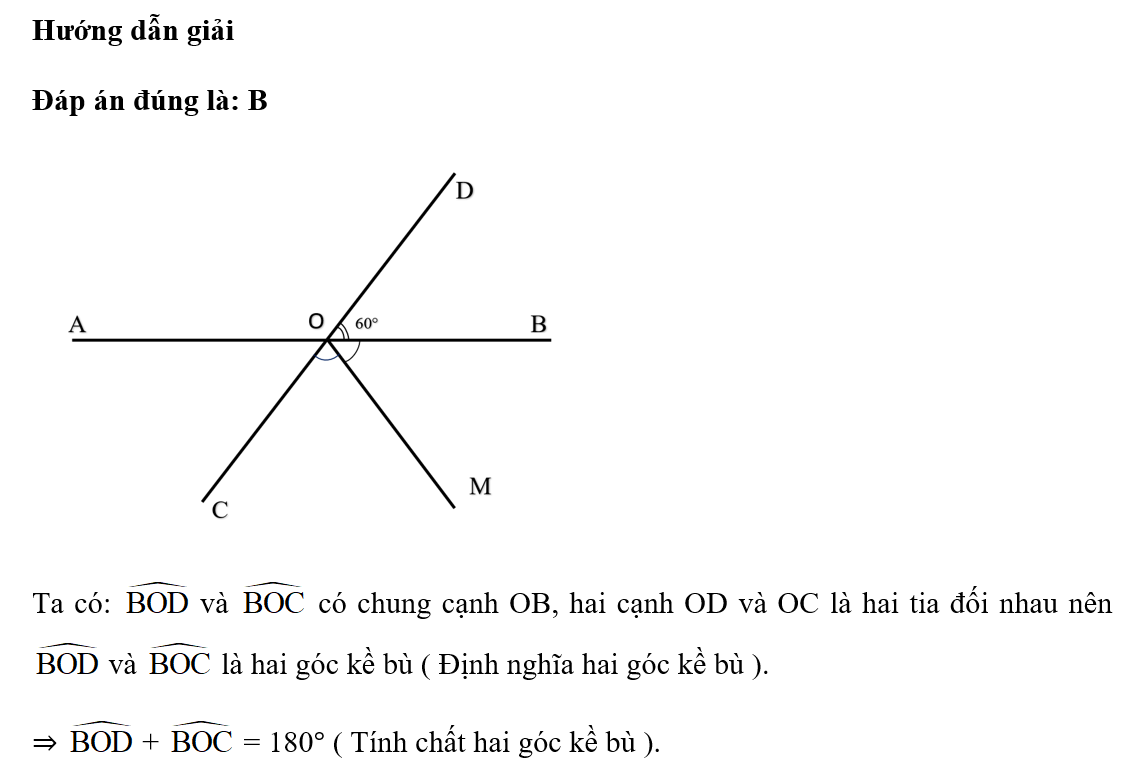 Cho hai đường thẳng AB và CD cắt nhau tại O sao cho  = 60°. OM là tia phân giác (ảnh 1)