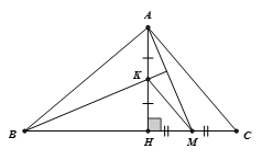 Cho tam giác ABC vuông tại A, đường cao AH. Gọi M là trung điểm của HC, K là trung điểm của AH. Chứng minh rằng BK vuông góc với AM. (ảnh 1)