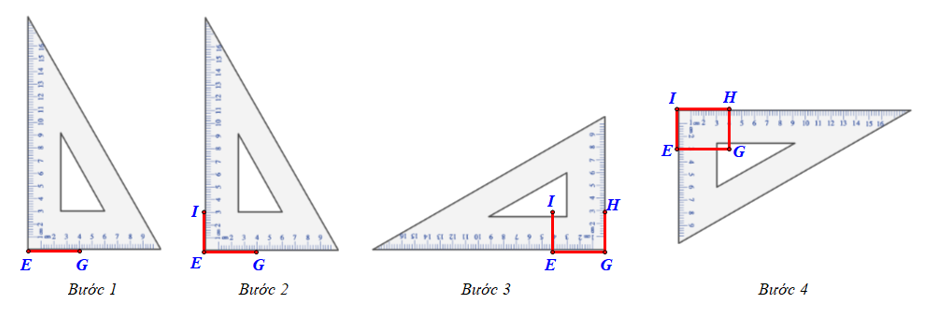 Dùng ê ke vẽ hình chữ nhật EGHI, biết EG = 4 cm và EI = 3 cm. (ảnh 1)