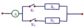 Cho mạch điện có sơ đồ như hình vẽ. Hiệu điện thế U = 48 V. Biết rằng, khi khóa K1 đóng, khóa K2 mở thì ampe kế chỉ 2,4 A.  (ảnh 1)