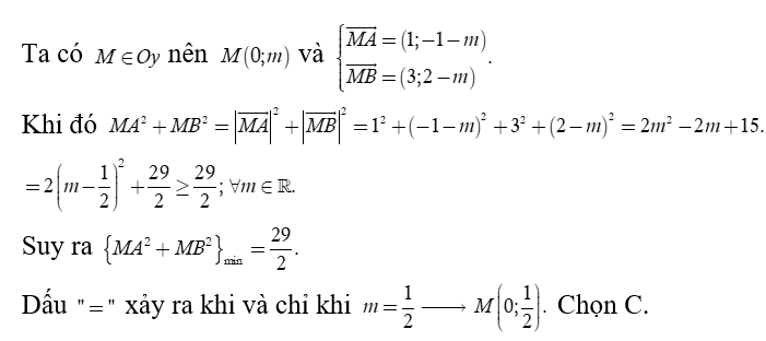 Trong mặt phẳng tọa độ Oxy  cho hai điểm A( 1, -1)  và B( 3,2).  Tìm M  thuộc trục tung sao cho  MA^2 + MB^2 nhỏ nhất (ảnh 1)