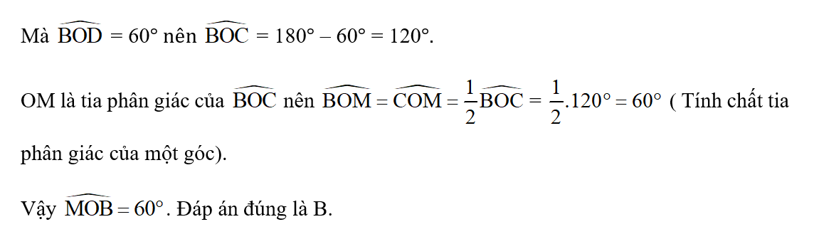 Cho hai đường thẳng AB và CD cắt nhau tại O sao cho  = 60°. OM là tia phân giác (ảnh 2)