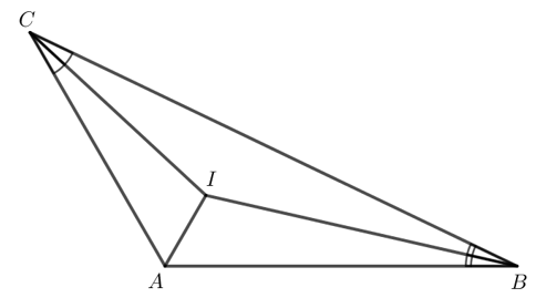 Kí hiệu I là điểm đồng quy của ba đường phân giác trong tam giác ABC. Tính góc BIC biết góc (ảnh 1)