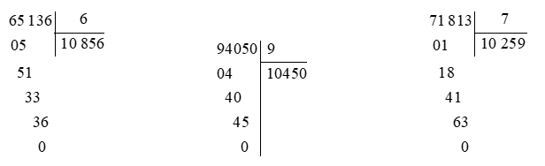 Phép tính nào dưới đây có kết quả bé nhất? A. 65 136 : 6 B. 94 050 : 9 C. 71 813 : 7 (ảnh 1)