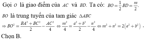 Cho hình bình hành ABCD  có AB = a, BC = b và AC = n. Trong các biểu thức sau, biểu thức nào đúng (ảnh 1)