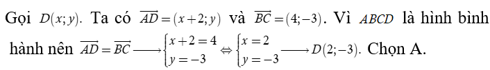 Trong mặt phẳng tọa độ Oxy  cho hình bình hành ABCD  biết A( -2, 0), B( 2,5), C( 6,2). Tìm tọa độ điểm (ảnh 1)
