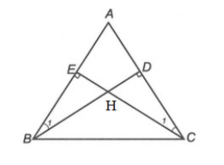 Cho tam giác ABC có AB = AC (góc A< 90 độ). Kẻ BD vuông góc với AC (D thuộc AC) và CE (ảnh 1)
