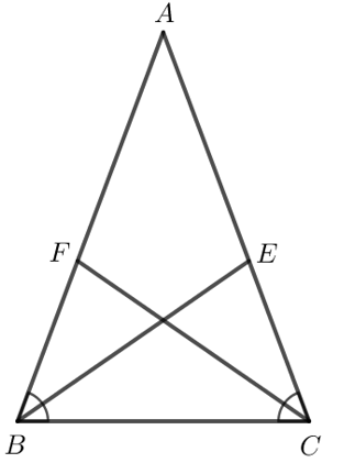 Gọi BE và CF là hai đường phân giác của tam giác ABC cân tại A. Chứng minh BE = CF. (ảnh 1)
