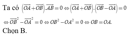 Cho ba điểm O, A, B  không thẳng hàng. Điều kiện cần và đủ để tích vô hướng ( vecto OA + vecto OB). vecto AB = 0  là (ảnh 1)