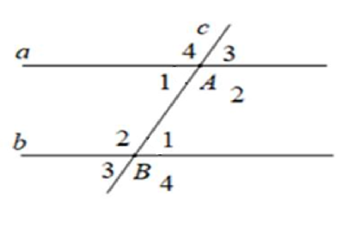 Đường thẳng c cắt a, b lần lượt tại 2 điểm A, B tạo thành 4 góc đỉnh A và 4 góc đỉnh B được đánh (ảnh 1)
