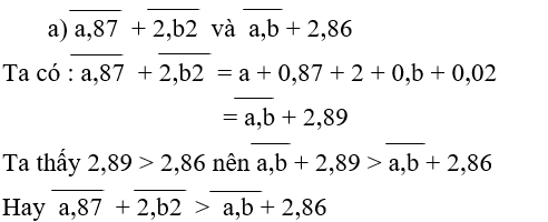 So sánh : a, 87 + 2,b2 và a,b + 2,86 (ảnh 2)