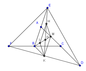 Cho tam giác  ABC. Gọi D là điểm đối xứng với A qua C, E là điểm đối xứng với  B a) Chứng minh rằng ABKM là hình bình hành. (ảnh 1)