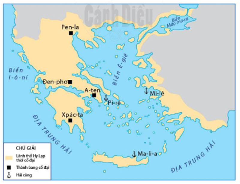 Hãy điền các cụm từ cho sẵn vào chỗ chấm (…..) để thể hiện được lược đồ Hy Lạp cổ đại (ảnh 2)