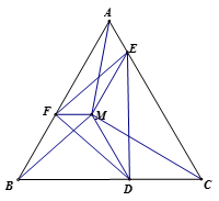 Cho tam giác đều  ABC, điểm M  nằm trong tam giác đó. Chứng minh rằng: a) góc DME = góc EMF = góc DMF (ảnh 1)