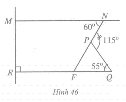 Quan sát Hình 46. Hai đường thẳng MN và QR có song song với nhau hay không (ảnh 1)