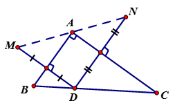 Cho tam giác ABC vuông tại A ( AB < AC), điểm D thuộc cạnh huyền BC. Chứng minh rằng:  a)  M và N đối xứng qua A. (ảnh 1)