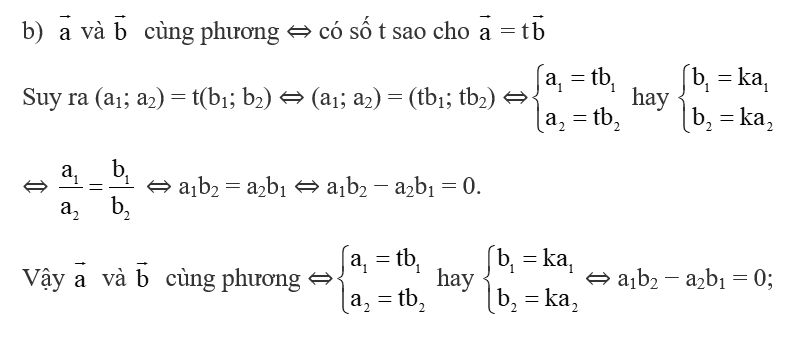 b)  vecto a và  vecto b cùng phương ⇔ a1= tb1 và a2= tb2 hay  ⇔ a1b2 − a2b1 = ..?..; (ảnh 1)