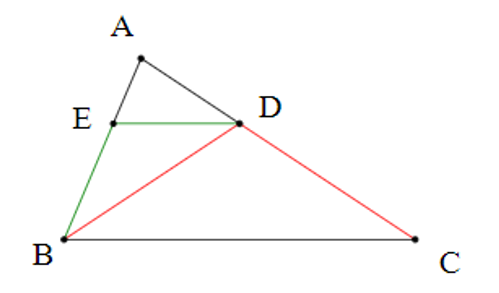 Cho tam giác ABC có góc B= 2 góc C. Kẻ đường phân giác BD, từ D kẻ DE song songBC (E thuộc AB). (ảnh 1)