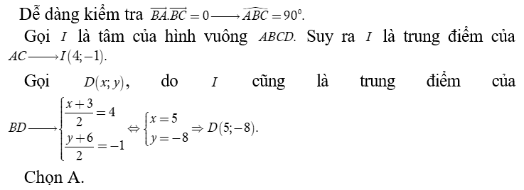 Trong mặt phẳng tọa độ Oxy , cho ba điểm A( -3, -2), B(3,6)  và C( 11, 0).  Tìm tọa độ điểm D  để tứ giác ABCD  là hình vuông (ảnh 1)