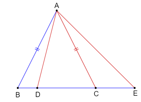 Cho tam giác ABC cân tại A, hai điểm D, E nằm trên đường thẳng BC, D nằm giữa B và (ảnh 1)