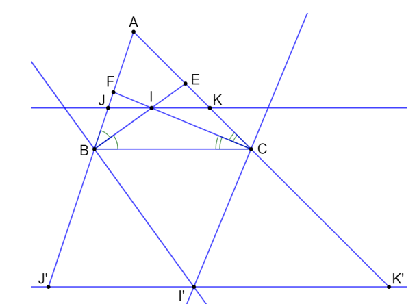 a) Gọi I là giao điểm của hai đường phân giác BE và CF của tam giác ABC. Đường thẳng qua I  (ảnh 1)
