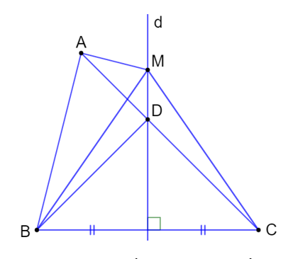 a) Giả sử đường trung trực d của cạnh BC của tam giác ABC cắt cạnh AC tại một điểm D  (ảnh 1)