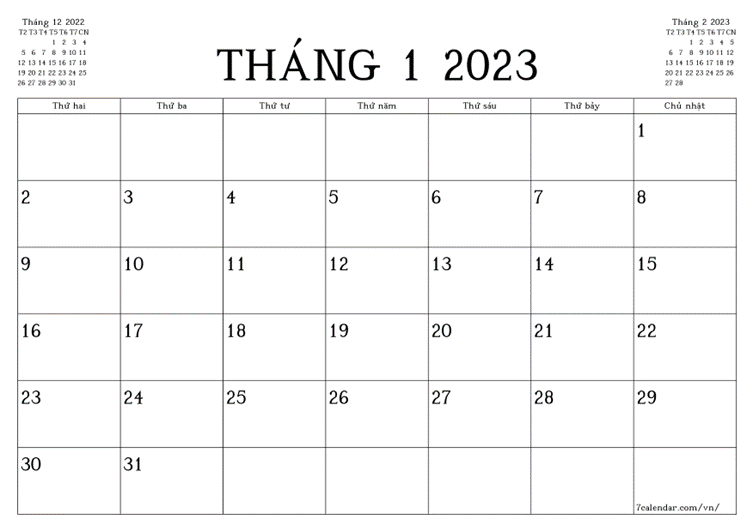 Quan sát tờ lịch sau: Tháng 1 năm 2023 Tờ lịch Tháng 1 năm 2023 có bao nhiêu ngày? (ảnh 1)