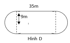 Tính chu vi và diện tích của hình D tạo bởi hình chữ nhật và hai nửa hình tròn (xem hình vẽ). (ảnh 1)