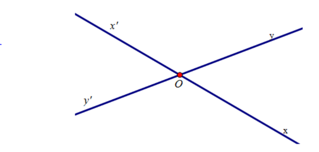 Cho hai đường thẳng xx' và yy' giao nhau tại O sao cho góc xOy= 45°. Chọn câu sai: (ảnh 1)