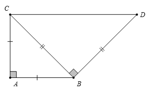 Cho  tam giác ABC vuông cân tại A . Ở phía ngoài  tam giác ABC vẽ tam giác BCD vuông cân tại B . Chứng minh tứ giác  ABDC là hình thang. (ảnh 1)