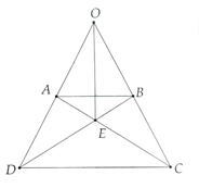 Cho hình thang cân ABCD (AB // CD, AB < CD ). Gọi O là giao điểm của AD và BC;  a) Tam giác AOB cân tại O; (ảnh 1)