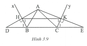 Cho tam giác ABC. Gọi Bx và Cy lần lượt là các đường chứa tia phân giác của các góc ngoài tại đỉnh B và C a) Chứng minh rằng tứ giác BCKH  là hình thang; (ảnh 1)