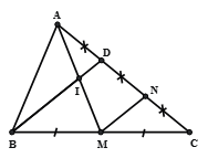 Cho ABC có trung tuyến AM, I là một điểm thuộc đoạn thẳng AM, BI cắt AC ở D. a) Nếu AD = 1/2DC Khi đó hãy chứng minh I là trung điểm của AM. (ảnh 1)