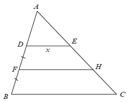 Cho tam giác ABC, BC = 6 cm. Trên cạnh AB lấy điểm D sao cho AD = 1/3AB. Vẽ DE // BC (E thuộc AC). Tính độ dài DE. (ảnh 1)