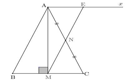Cho tam giác ABC cân tại A có AM là đường cao. N là trung điểm của AC. Kẻ Ax // BC cắt MN tại E. Chứng minh rằng:  a. ME // AB. (ảnh 1)