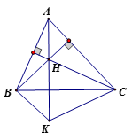Cho tam giác nhọn ABC, trực tâm H. Gọi K là điểm đối xứng với H qua BC. Tìm hệ thức liên hệ giữa số đo các góc BAC, BKC. (ảnh 1)